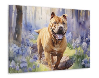 Chinesisches Shar-Pei Aquarell Leinwanddruck - Wandkunst Geschenk für Chinesisches Shar-Pei Besitzer - Shar-Pei in einem Wald mit lebendigen Glockenblumen