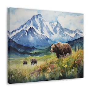 Grizzly Bear Watercolor Printed on Canvas - Frameless Wall Art gift for wildlife lovers, Bears in Denali National Park, USA