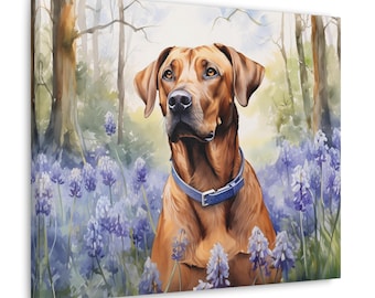 May include: A brown Rhodesian Ridgeback dog with a blue collar sits in a field of purple wildflowers. The dog is looking to the left of the image. The background is a blurred image of a forest.