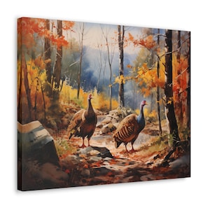 Wild Turkeys Watercolor Printed on Canvas - unframed Wall Art gift for Nature Lovers, Wild Turkeys in Shenandoah National Park Virginia