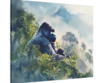 Gorilla Canvas Print - Watercolor Primate Wall Art - Gift for Animal and Wildlife Lovers - Silverback Gorilla with Infant in Forest