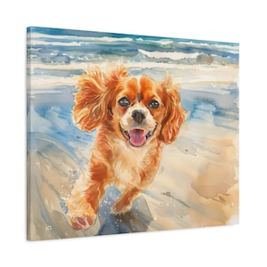 Ruby Cavalier King Charles Spaniel Wall Art - Watercolor Printed on unframed Canvas - Ruby Cavalier Puppy at the beach