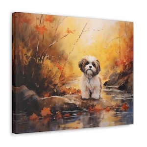 Shih Tzu Wall Art - Watercolor Printed on unframed Canvas - gift for Shih Tzu owner - Shih Tzu and autumn leaves