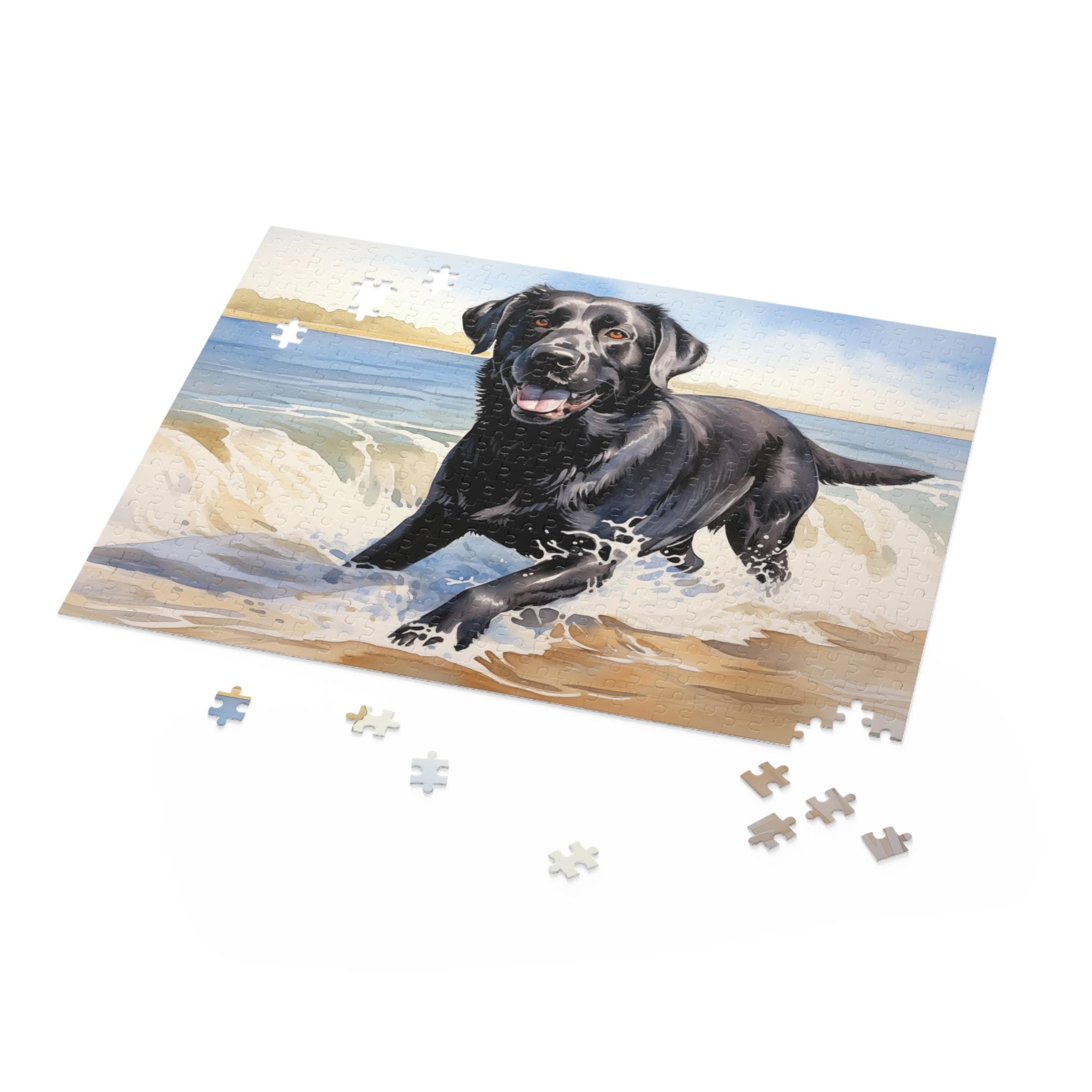 Black Lab Splashing in the Surf Jigsaw Puzzle (120, 252, 500-Piece) - Labrador Retriever bounding through ocean waves - Printed in USA