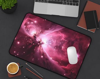 Cosmic Pink Nebula Desk Mat - Large desk mat with vibrant pink galaxy swirling with stardust, cosmic clouds, and distant stars
