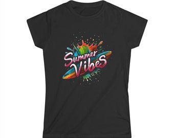 Woman's Summer Vibes T-Shirt - Woman's Surfing Tshirt with slogan "Summer Vibes" - Surfboard Graphic Tee for Surfboarding Woman