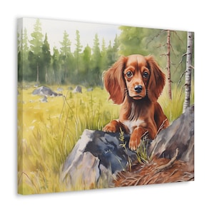 Ruby Cavalier King Charles Spaniel Wall Art - Watercolor Printed on unframed 20 x 16 inch Canvas - Ruby Cavalier Puppy on a woodland walk