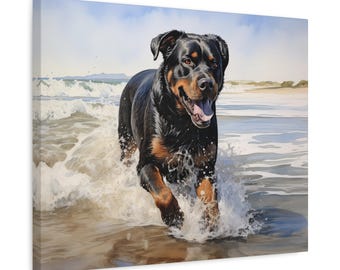 Docked Rottweiler Wall Art - Watercolor Printed on unframed Canvas - gift for Rottweiler owner - Rottweiler on an empty Beach