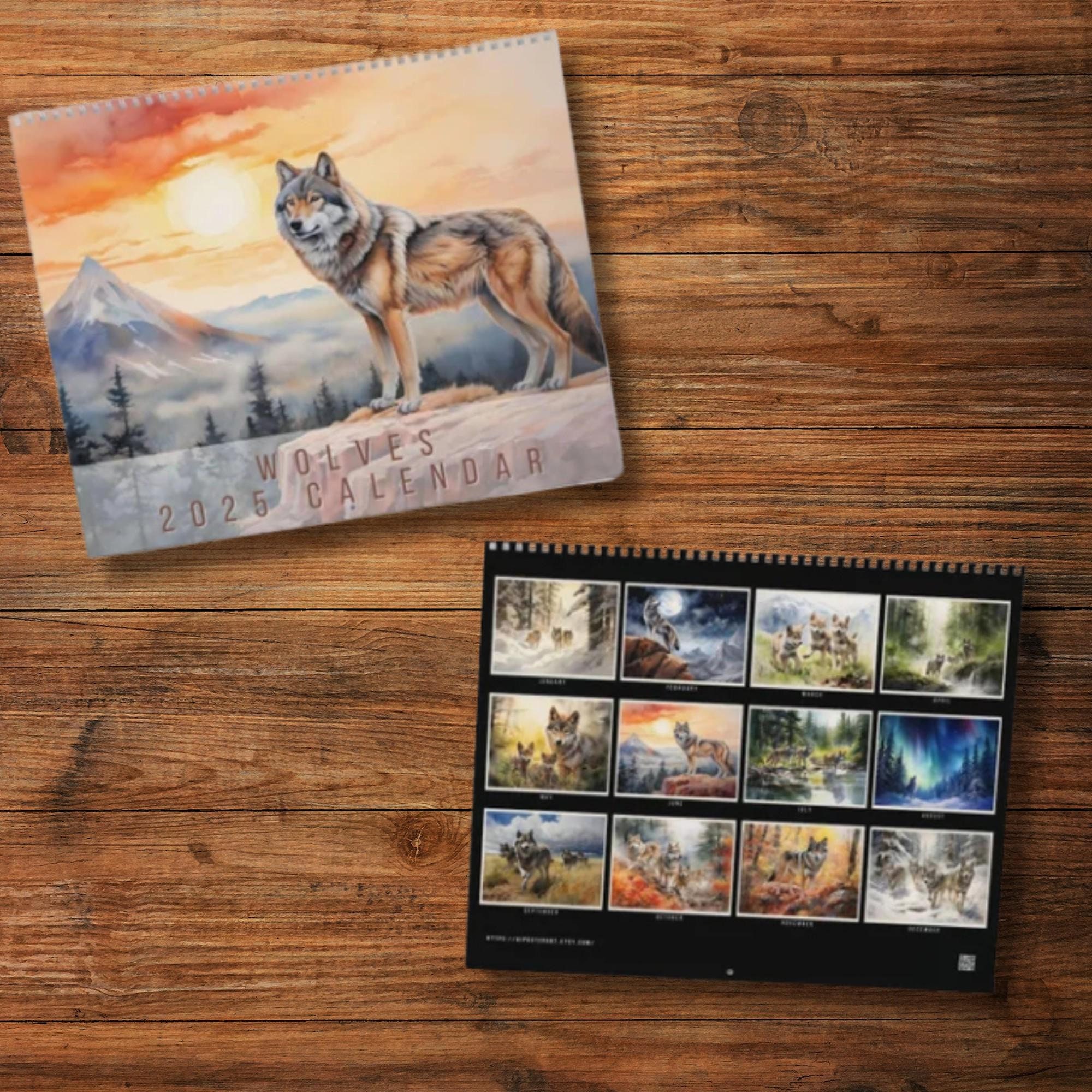 Watercolor Wolves Wall Calendar - 2025 Calendar featuring 12 watercolor wolves artworks - Gift for wolf lovers and wildlife lovers