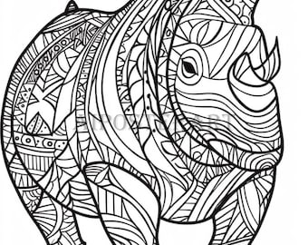 Mandala Rhino Coloring Page for Adults - Printable Coloring Sheet - Patterned Rhinoceros Coloring Sheet - High Resolution, 5376x8064 pixels