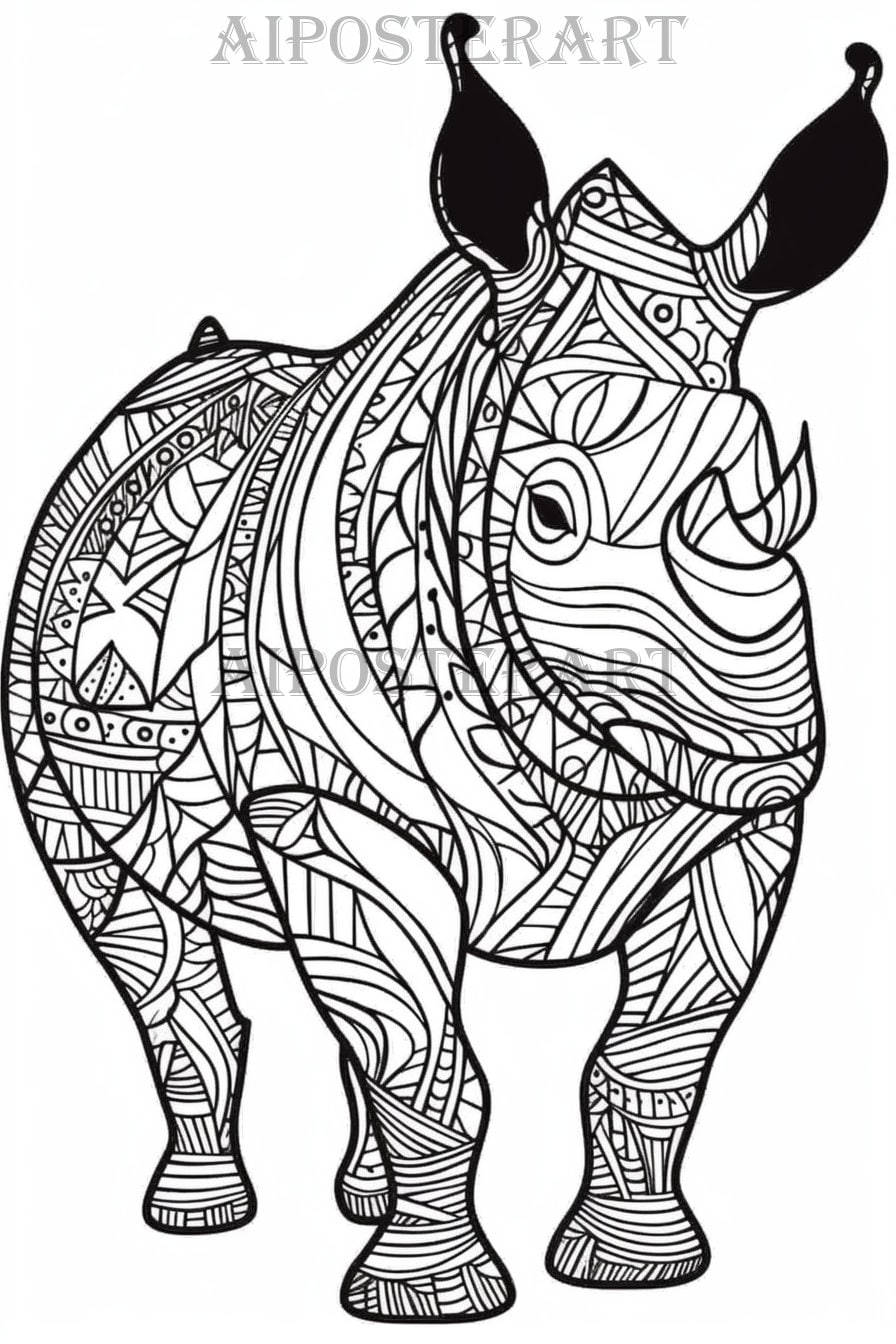 Mandala Rhino Coloring Page for Adults Printable Coloring Sheet Patterned Rhinoceros Coloring ...