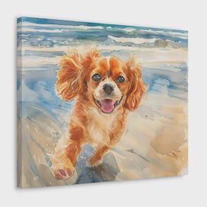 May include: Watercolor painting of a Cavalier King Charles Spaniel dog running on a beach. The dog has brown and white fur, a happy expression, and its tongue is visible. The background features blue ocean waves and a sandy shore.