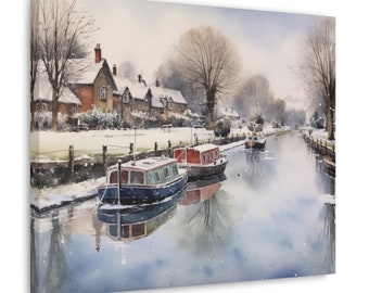 Winter Narrowboat aquarel gedrukt op ingelijst canvas - cadeau voor eigenaar van een narrowboat, toont Frozen Canal in Staffordshire, Engeland