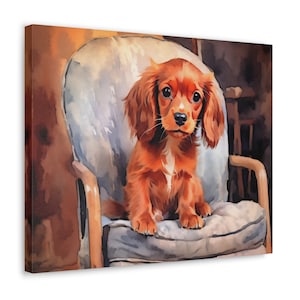 Ruby Cavalier King Charles Spaniel Wall Art - Watercolor Printed on unframed 20 x 16 inch Canvas - Ruby Cavalier Puppy sat in an armchair