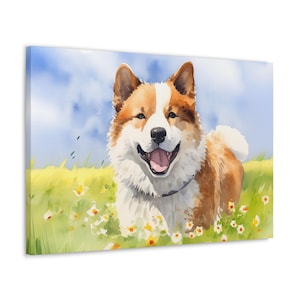 Akita Watercolor Printed on Canvas - Frameless Wall Art gift for Akita owner - Akita enjoying a sunny spring day in a meadow