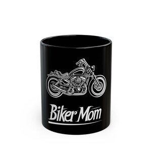 Biker Mom schwarzer Keramikbecher, Geschenk für Biker-Mama, Motorradbecher für Mütter mit einer Kapazität von 11 Unzen und 15 Unzen (weiße Grafik)