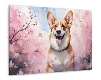 Puede incluir: Una pintura de acuarela de un perro corgi con una expresión feliz, de pie frente a un árbol de cerezo en flor rosa y blanco.