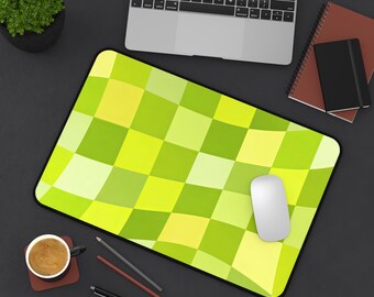 Wavy Green Checkerboard Desk Mat - Retro Non Slip Neoprene Computer Mat
