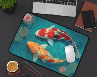 Koi Fish Desk Mat - Japanese Water Garden Mouse Pad, Non Slip Computer Mat