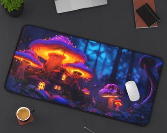 Fantasy Mushroom House Extra Large Desk Mat  - Crafted from 3mm neoprene with a non-lip backing, 3 sizes 12×18, 12×22 & 15.5x31 inches