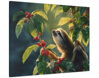 Sloth and Berries Printed Canvas - Watercolor Wall Art -Tropical Rainforest Decor Gift for Sloth Lovers and Nature Enthusiasts