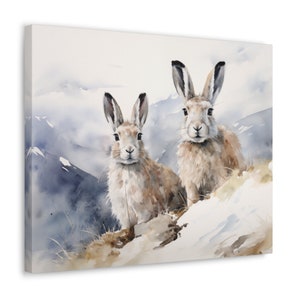 Mountain Hares Wall Art - Watercolor Printed on unframed Canvas - gift for wildlife lover - Mountain Hares in the Scottish Highlands