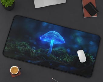 Mystical Blue Mushroom Extra Large Desk Mat - Crafted from 3mm neoprene with a non-lip backing, 3 sizes 12×18, 12×22 & 15.5x31 inches
