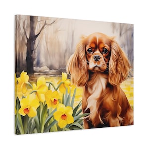 Ruby Cavalier King Charles Spaniel Puppy Wall Art - Watercolor Printed on unframed Canvas - Ruby Cavalier Puppy with Daffodils