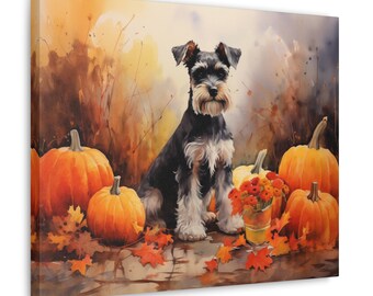 Miniature Schnauzer Wall Art - Watercolor Printed on unframed Canvas - gift for Miniature Schnauzer owner - Schnauzer amidst pumpkins
