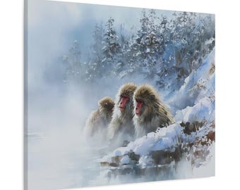 Japanese Macaque Watercolor Canvas Print - Primate Wall Art gift for wildlife lovers, snow monkeys sitting together on snowy riverbanks