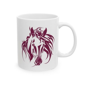 Horse Face Ceramic Mug, (11oz, 15oz) - White Mug for horse lover, horse coffee mug (dark pink graphic)