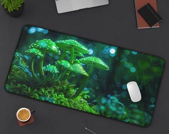 Green Mushrooms Extra Large Desk Mat - Crafted from 3mm neoprene with a non-lip backing, 3 sizes 12×18, 12×22 & 15.5x31 inches