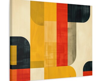 Art mural moderne du milieu du siècle - Toile géométrique rétro en jaune et rouge - Décoration d'intérieur minimaliste abstraite
