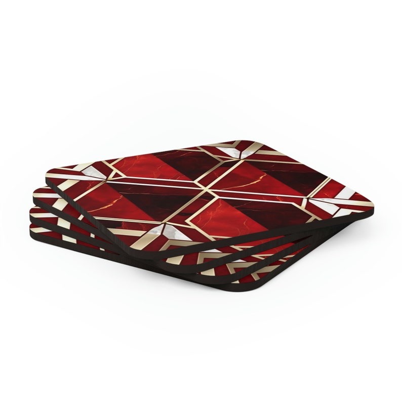 Art Deco Red Marble and Gold Coaster Set 4 Square Cork-backed Coasters ...