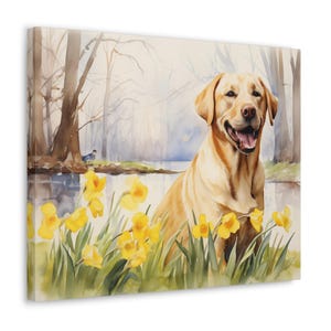 Labrador Watercolor Printed on Canvas - Frameless Wall Art gift for Labrador owner, Labrador and Daffodils on a sunny February day