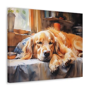 Sleeping Golden Retriever Watercolor Printed Canvas - Frameless Wall Art gift for Golden Retriever owner - Golden Retriever Sleeping