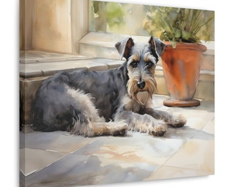 Miniature Schnauzer Wall Art - Watercolor Printed on unframed Canvas - gift for Miniature Schnauzer owner - Miniature Schnauzer resting