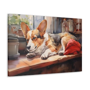 Cardigan Welsh Corgi Watercolor Canvas Print - Wall Art gift for Cardigan Welsh Corgi owner - Corgi lounging on a sunlit windowsill