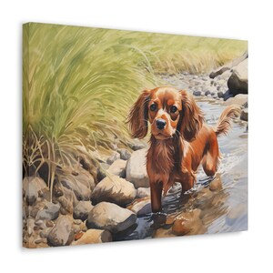 Ruby Cavalier King Charles Spaniel Wall Art - Watercolor Printed on unframed 20 x 16 inch Canvas - Ruby Cavalier Puppy playing in a stream