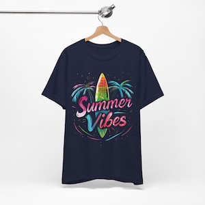 Summer Vibes-T-shirt heren - Surfing-T-shirt heren met slogan 'Summer Vibes' - Graphic T-shirt Surfboard and Palms voor heren
