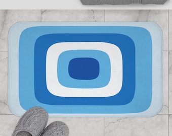 Alfombra de baño geométrica azul retro - Alfombra de baño de estilo moderno de mediados de siglo, decoración de baño con estética abstracta de los años 70