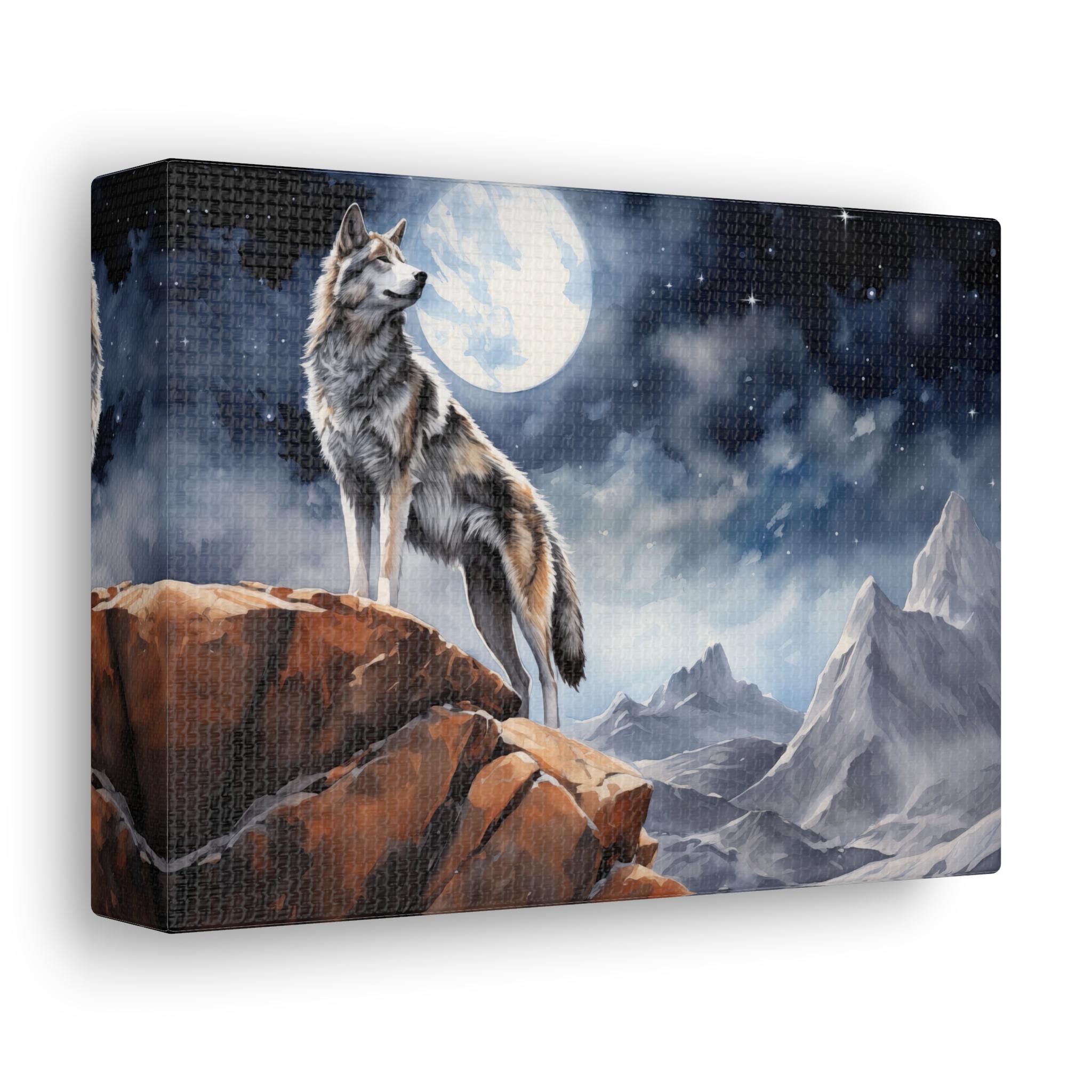 Majestic Wolf Under Full Moon Watercolor Canvas - Mystical Rockies
