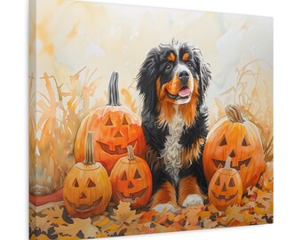 Impresión en lienzo de un Bernedoodle con calabazas talladas: arte mural otoñal para amantes de los Bernedoodles.
