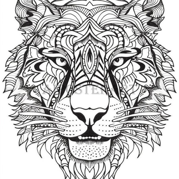 Feuille de coloriage Mandala tête de tigre pour adultes - Page de coloriage imprimable - Coloriage de style Mandala avancé - Haute résolution 5376x8064 pixels