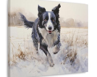 Bordercollie aquarel gedrukt canvas - frameloze muurkunst cadeau voor eigenaar border collie - border collie in ijzig winters tafereel
