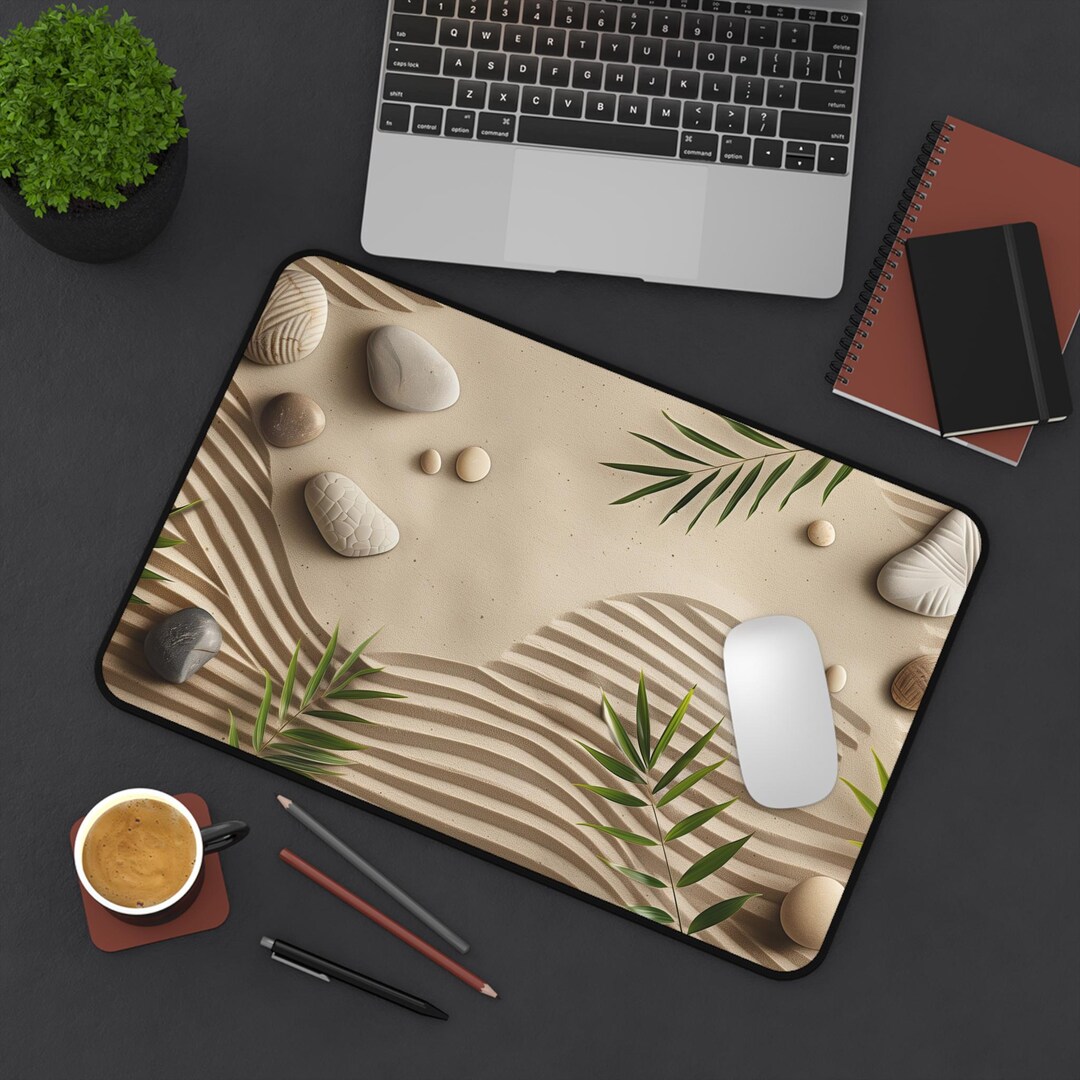 Tranquil Zen Desk Mat - Smooth Pebbles, Gentle Sand Ripples, and Lush ...