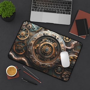 May include: A steampunk-style mousepad with a detailed design of gears and pipes in shades of brown, gold, and blue.