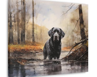 Black Labrador Watercolor Printed Canvas - Frameless Wall Art gift for Black Labrador owner, Black Labrador in stream on rainy day