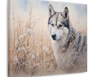 Op de afbeelding: Een aquarel van een wolf die in een veld met hoog gras staat. De wolf kijkt naar links van de afbeelding, en het gras is bedekt met rijp.