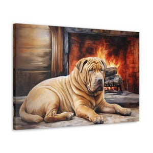 Chinese Shar-Pei Watercolor Canvas Print - Wall Art gift for Chinese Shar-Pei owner - Chinese Shar-Pei sitting by a cozy fireplace